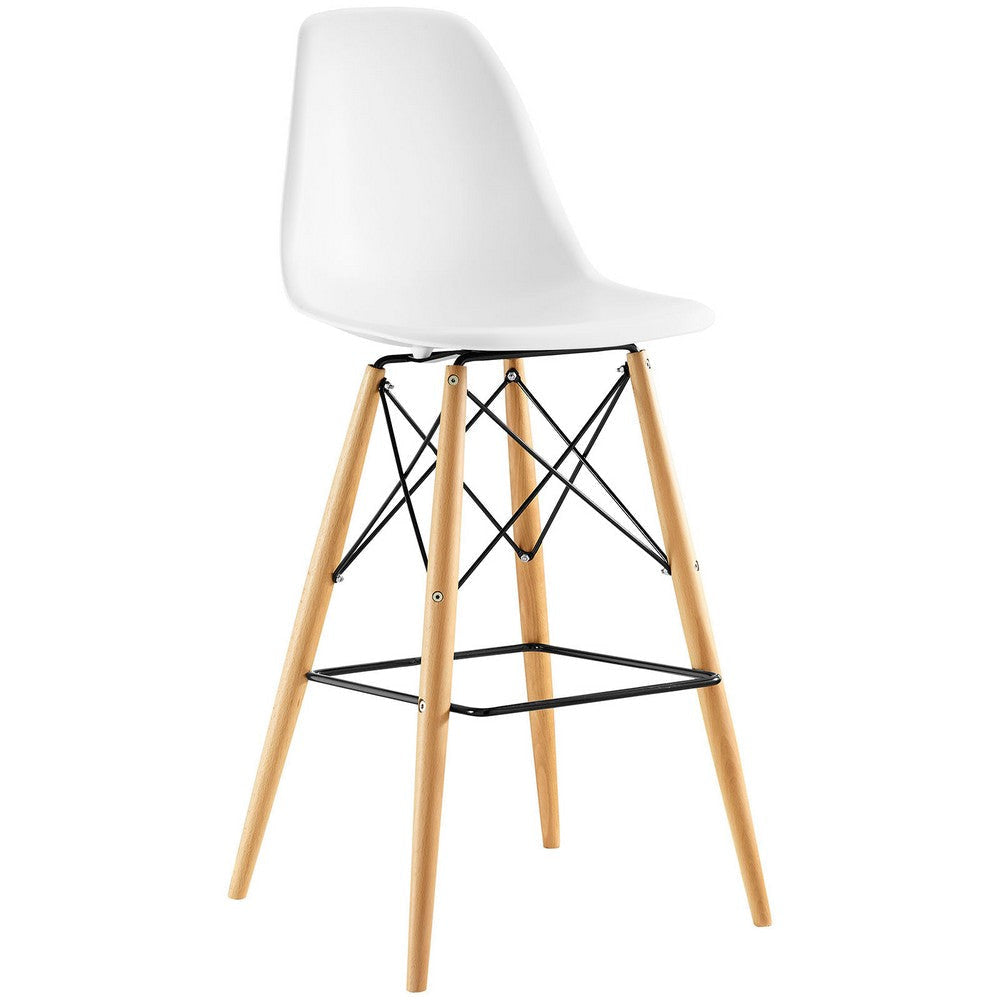 Modway Pyramid Mid-Century Modern Bar Stool with Natural Wood Legs in White