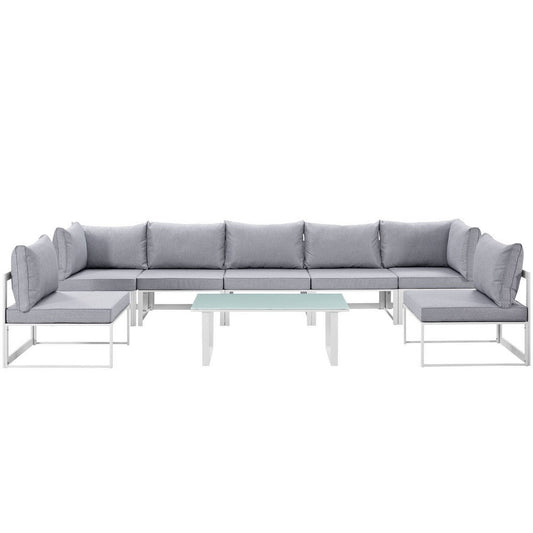 Modway Fortuna Aluminum 8-Piece Outdoor Patio Sectional Sofa Furniture Set with Cushions in White Gray