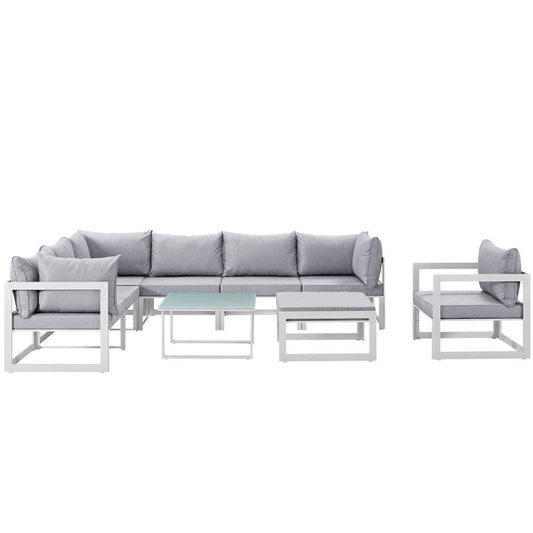 Modway Fortuna Aluminum 9-Piece Outdoor Patio Sectional Sofa Furniture Set with Cushions in White Gray