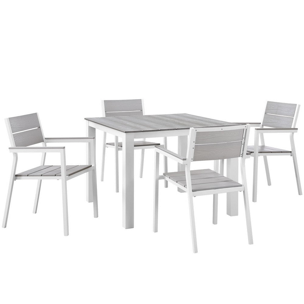 Modway Maine Aluminum 5-Piece Outdoor Patio Dining Set with 39" Dining Table and Four Dining Armchairs in White Light Gray