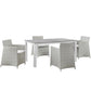 Modway Junction Wicker Rattan 5-Piece Outdoor Patio Dining Set with 63" Dining Table and Four Dining Armchairs with Cushions in Gray White