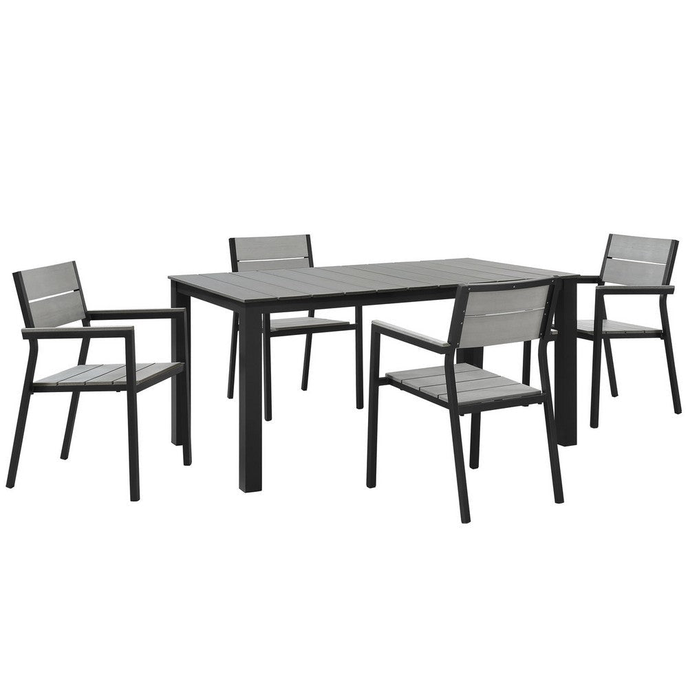 Modway Maine Aluminum 5-Piece Outdoor Patio Dining Set with 63" Dining Table and Four Dining Armchairs in Brown Gray