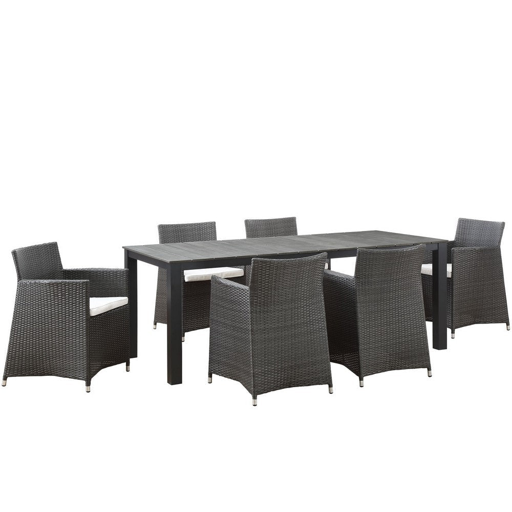 Modway Junction Wicker Rattan 7-Piece Outdoor Patio Dining Set with 80" Dining Table and Six Dining Armchairs with Cushions in Brown White