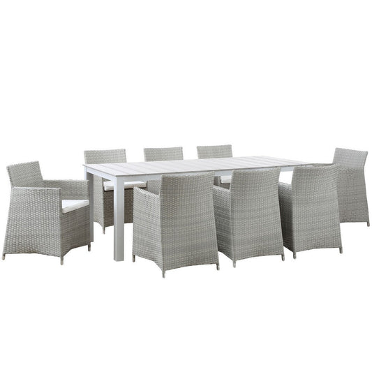 Modway Junction Wicker Rattan 9-Piece Outdoor Patio Dining Set with 80" Dining Table and Eight Dining Armchairs with Cushions in Gray White