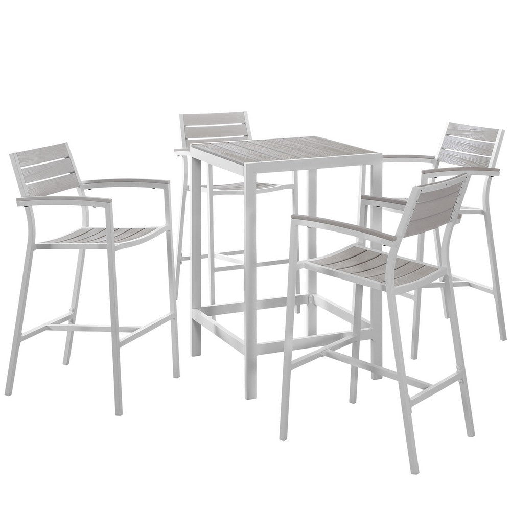 LexMod Modway Maine 5-Piece Aluminum Outdoor Patio Pub Bistro Set in White Light Gray