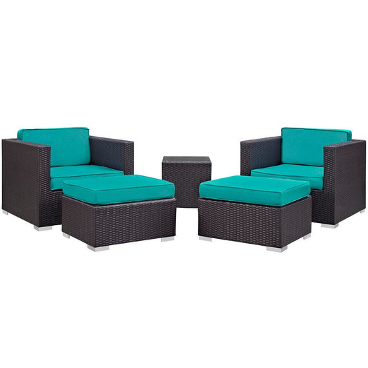 Modway Convene Wicker Rattan 5-Piece Outdoor Patio Furniture Set in Espresso Turquoise