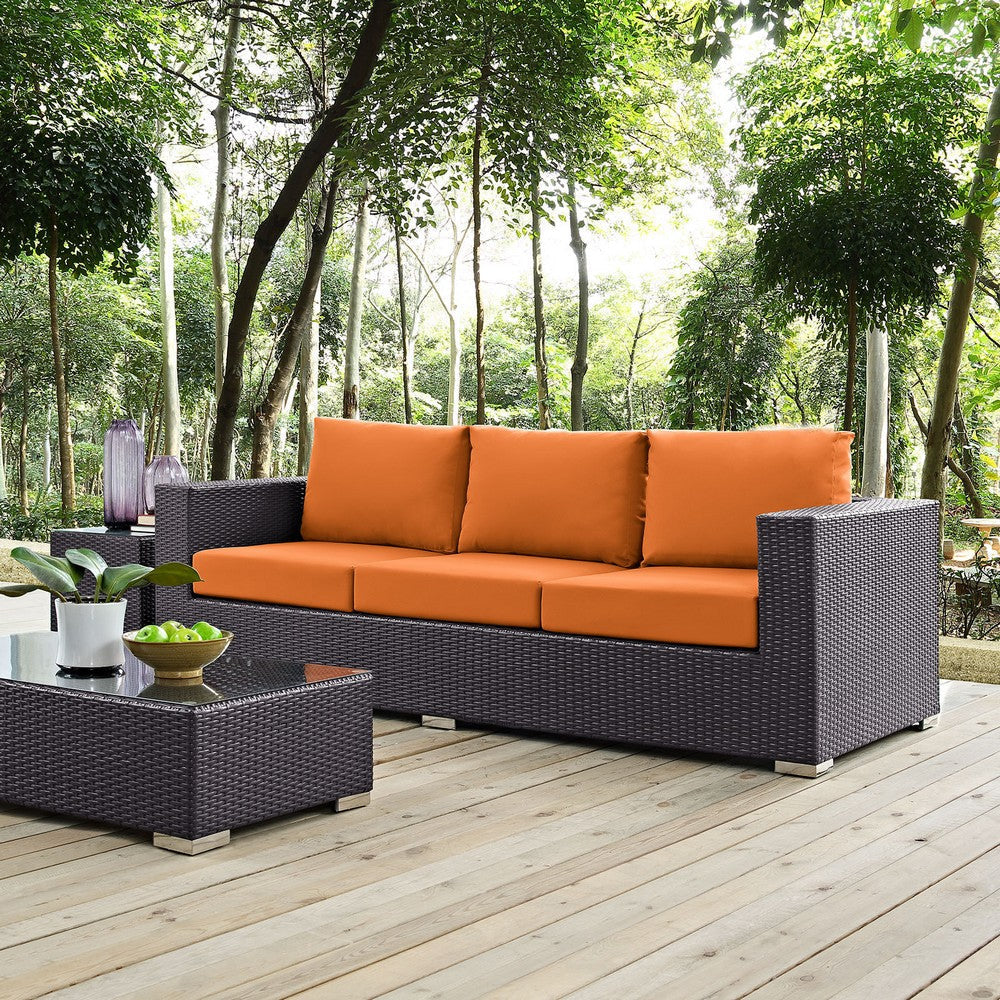 Modway Convene Wicker Rattan Outdoor Patio Sofa with Cushions in Espresso Orange MDY-EEI-1844-EXP-ORA