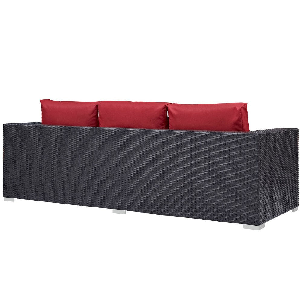 Modway Convene Wicker Rattan Outdoor Patio Sofa with Cushions in Espresso Red MDY-EEI-1844-EXP-RED