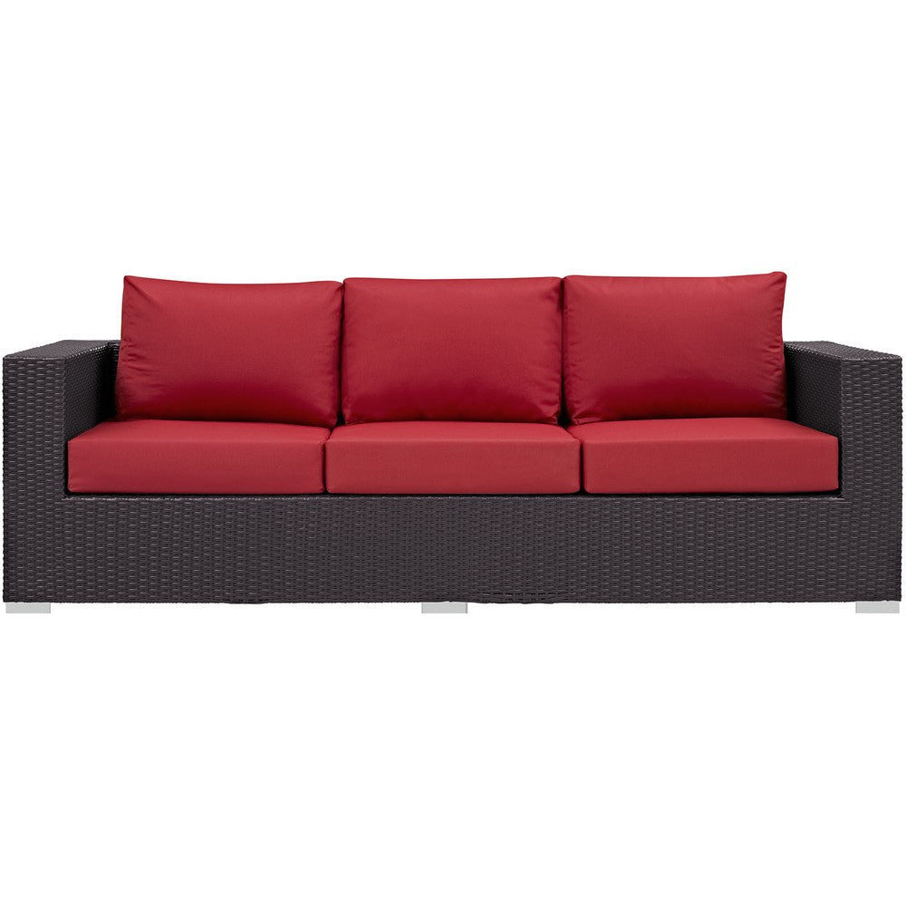 Modway Convene Wicker Rattan Outdoor Patio Sofa with Cushions in Espresso Red MDY-EEI-1844-EXP-RED