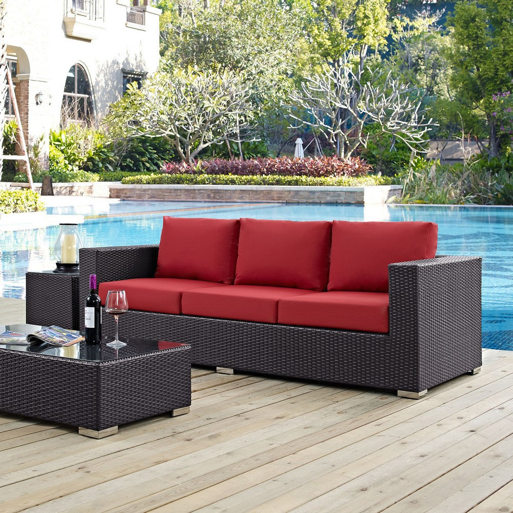 Modway Convene Wicker Rattan Outdoor Patio Sofa with Cushions in Espresso Red MDY-EEI-1844-EXP-RED