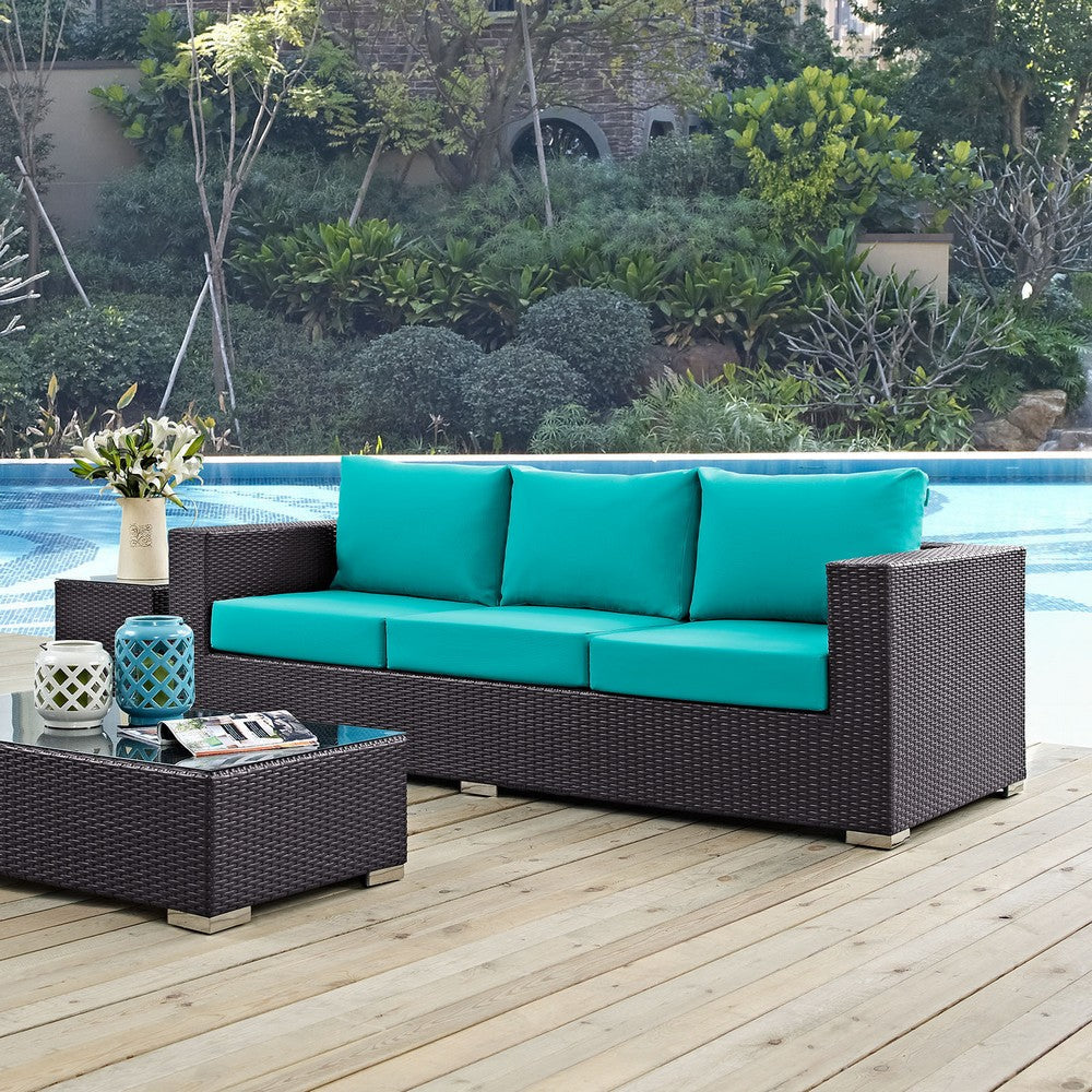 Modway Convene Wicker Rattan Outdoor Patio Sofa in Espresso Turquoise MDY-EEI-1844-EXP-TRQ