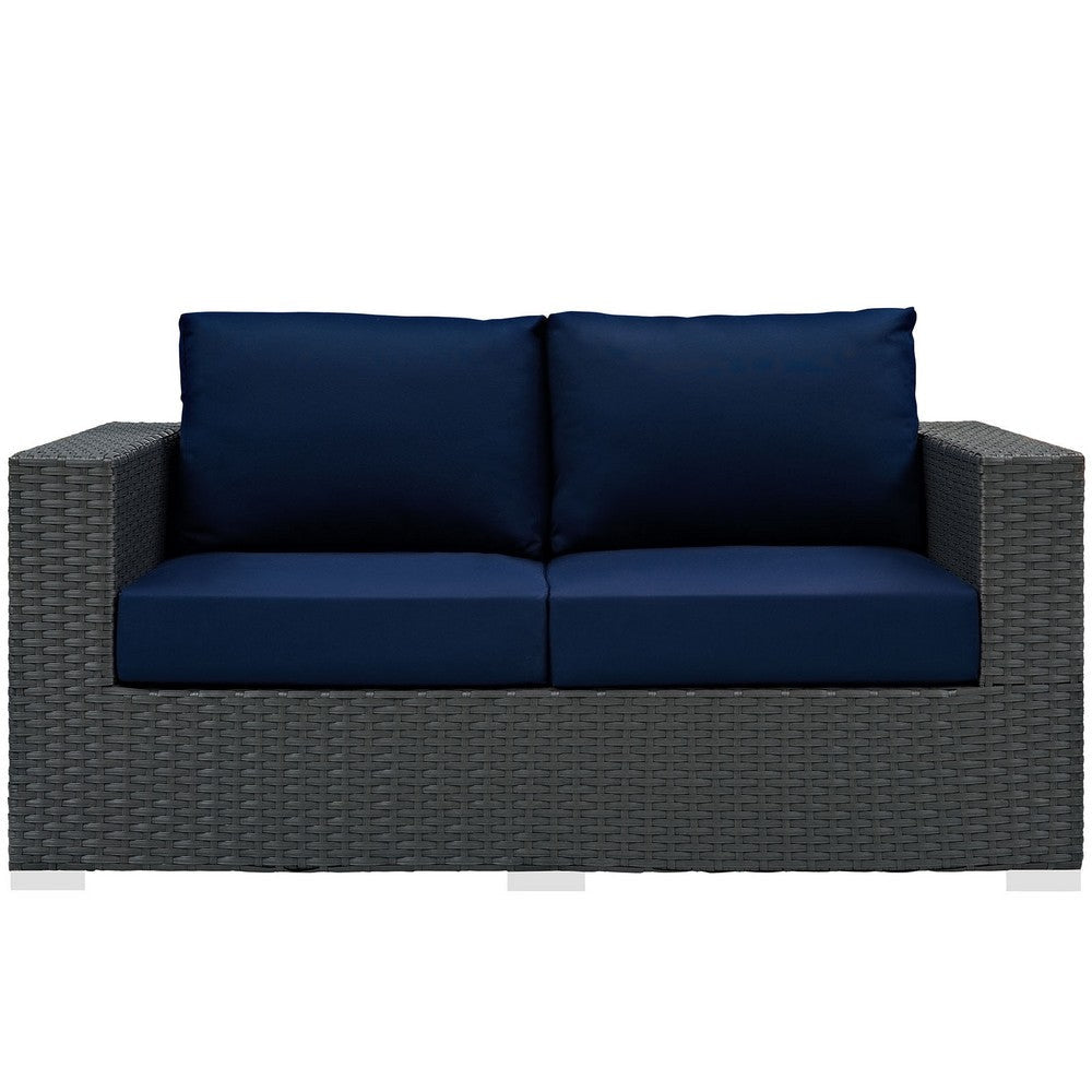 Modway Sojourn Wicker Rattan Outdoor Patio Sunbrella Fabric Loveseat in Canvas Navy MDY-EEI-1851-CHC-NAV