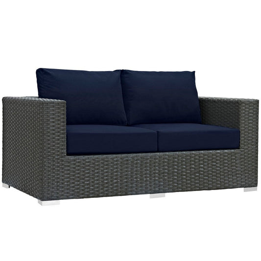 Modway Sojourn Wicker Rattan Outdoor Patio Sunbrella Fabric Loveseat in Canvas Navy