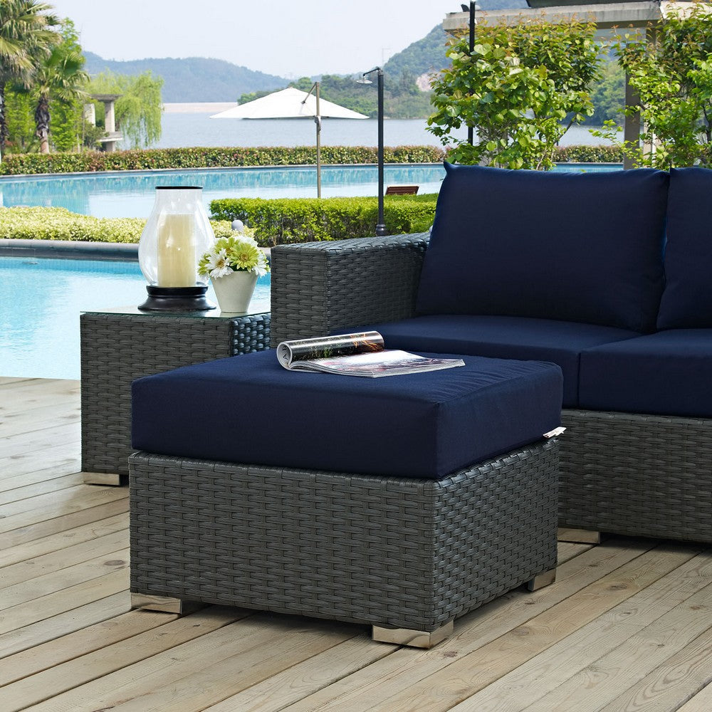 Modway Sojourn Wicker Rattan Outdoor Patio Sunbrella Fabric Ottoman in Canvas Navy