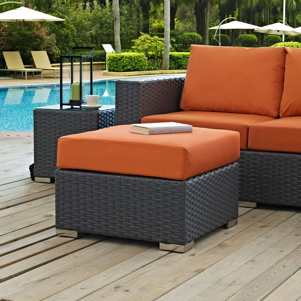 Modway Sojourn Wicker Rattan Outdoor Patio Sunbrella Fabric Ottoman in Canvas Tuscan