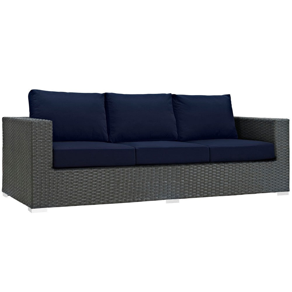 Modway Sojourn Wicker Rattan Outdoor Patio Sunbrella Fabric Sofa in Canvas Navy