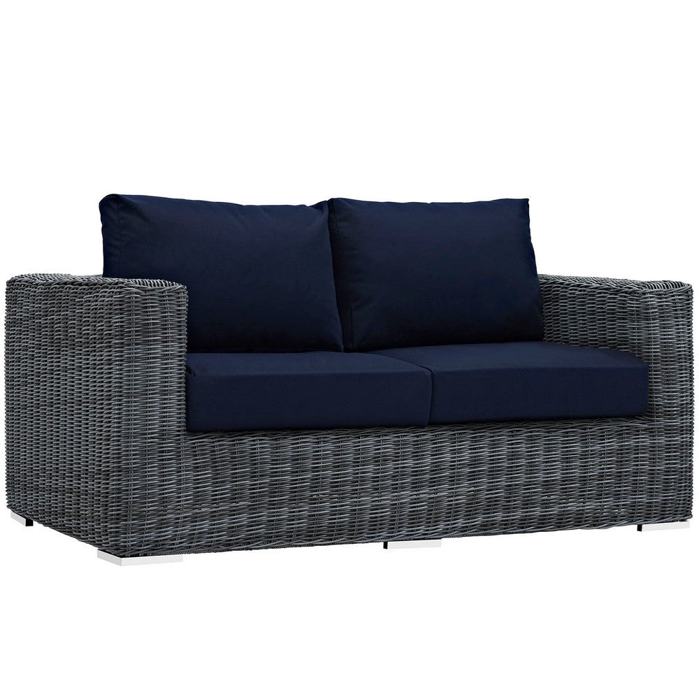 Modway EEI-1865-GRY-NAV Summon Wicker Rattan Outdoor Patio Sunbrella Loveseat in Canvas Navy