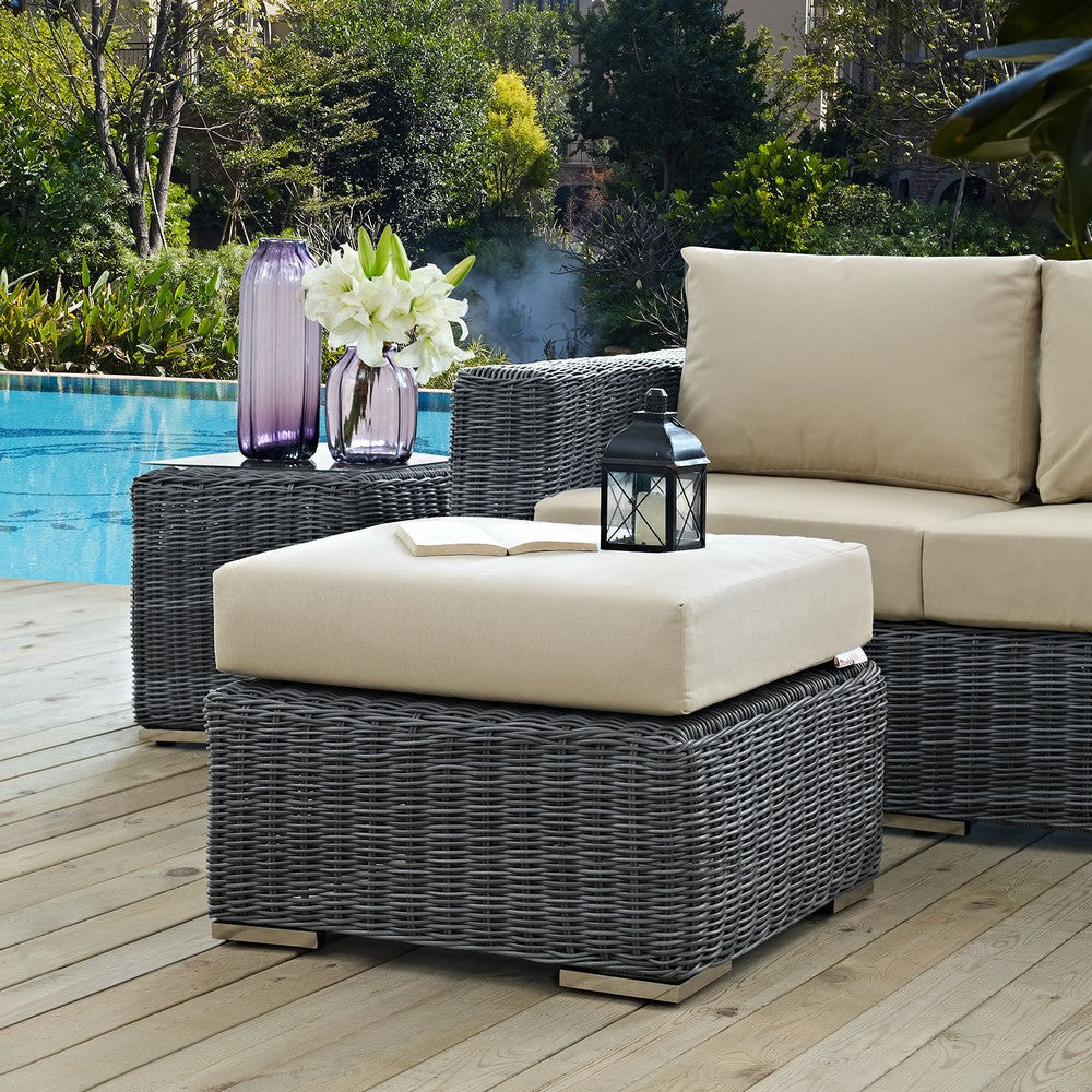 Modway Summon Wicker Rattan Outdoor Patio Sunbrella Square Ottoman in Canvas Antique Beige