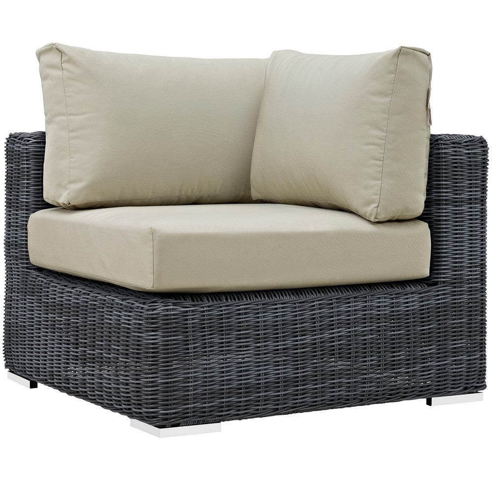 Modway Summon Wicker Rattan Outdoor Patio Sunbrella Corner Sofa in Canvas Antique Beige