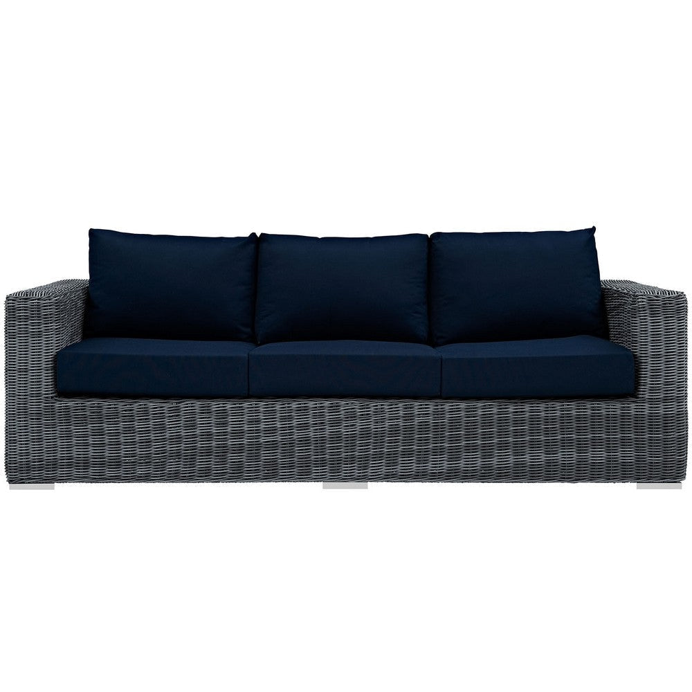 Modway EEI-1874-GRY-NAV Summon Wicker Rattan Outdoor Patio Sunbrella Sofa in Canvas Navy MDY-EEI-1874-GRY-NAV