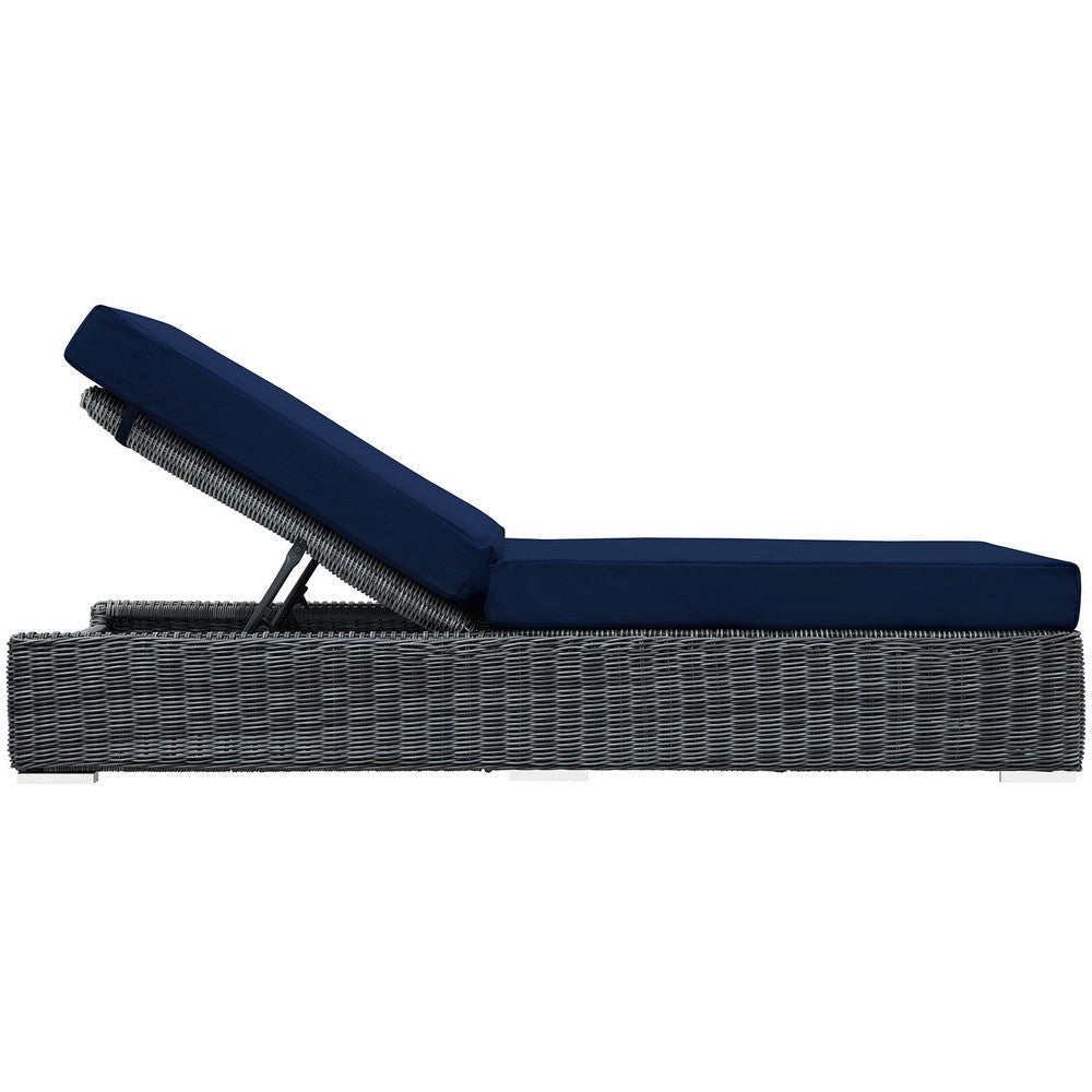 Modway Summon Wicker Rattan Aluminum Outdoor Patio Poolside Chaise Lounge Chair with Sunbrella® Fabric Cushions in Canvas Navy