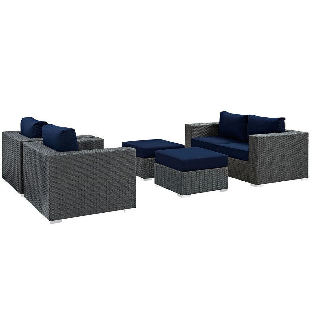 Modway Sojourn Wicker Rattan 5 Piece Outdoor Patio Sunbrella Sectional Set in Canvas Navy MDY-EEI-1879-CHC-NAV-SET