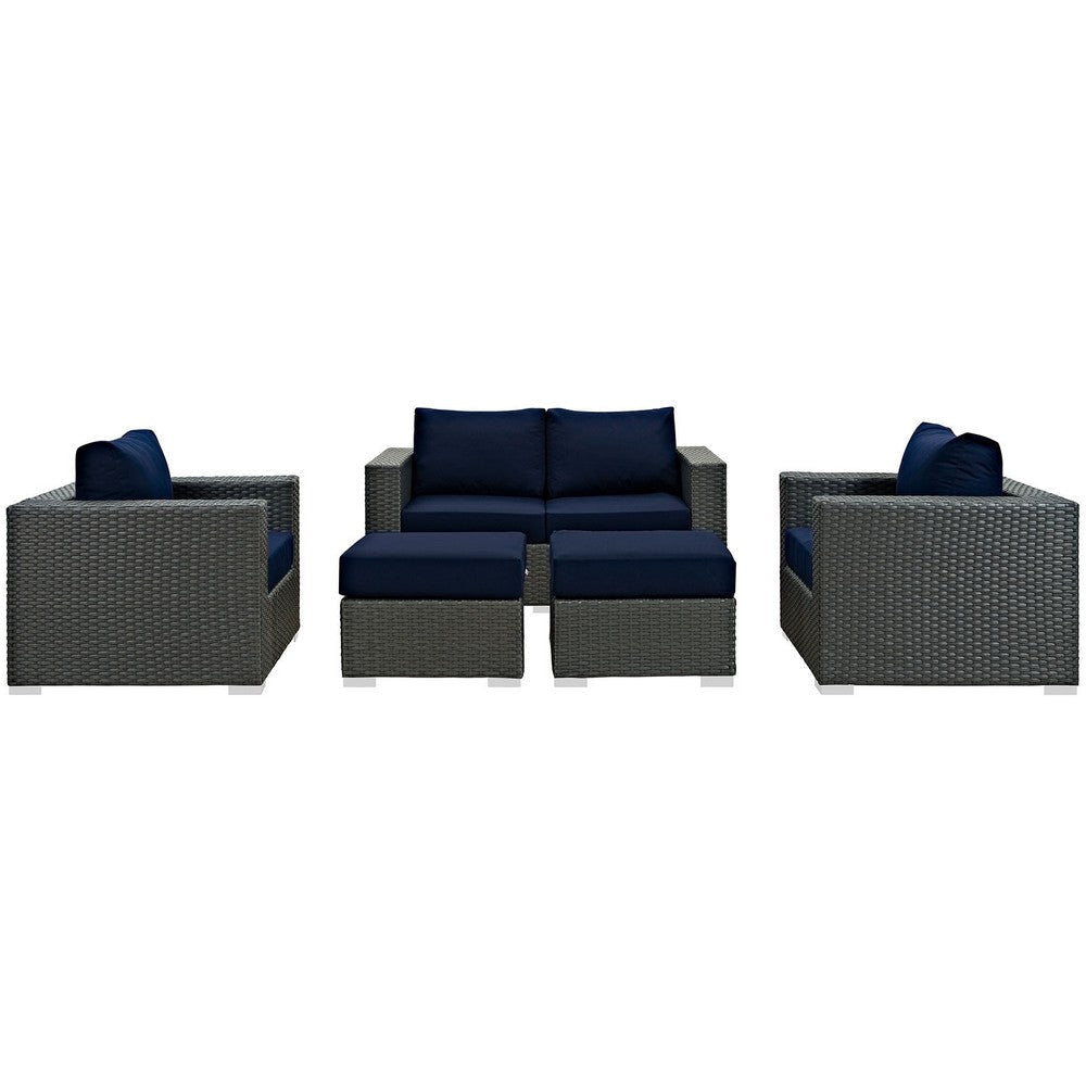 Modway Sojourn Wicker Rattan 5 Piece Outdoor Patio Sunbrella Sectional Set in Canvas Navy MDY-EEI-1879-CHC-NAV-SET