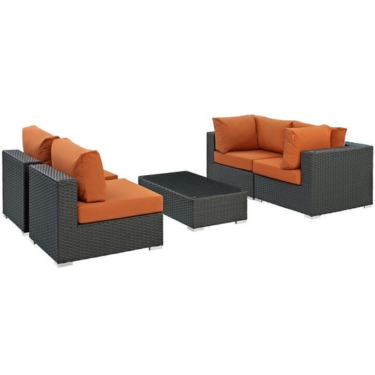 Modway Sojourn Wicker Rattan 5 Piece Outdoor Patio Sunbrella Sectional Set in Canvas Tuscan