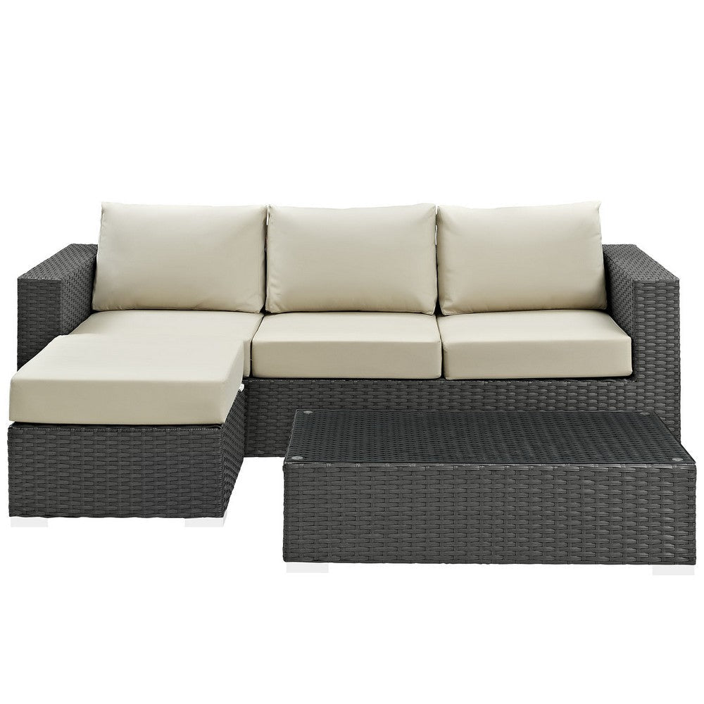 Modway Sojourn Wicker Rattan 3 Piece Outdoor Patio Sunbrella Sectional Set in Canvas Antique Beige MDY-EEI-1889-CHC-BEI-SET