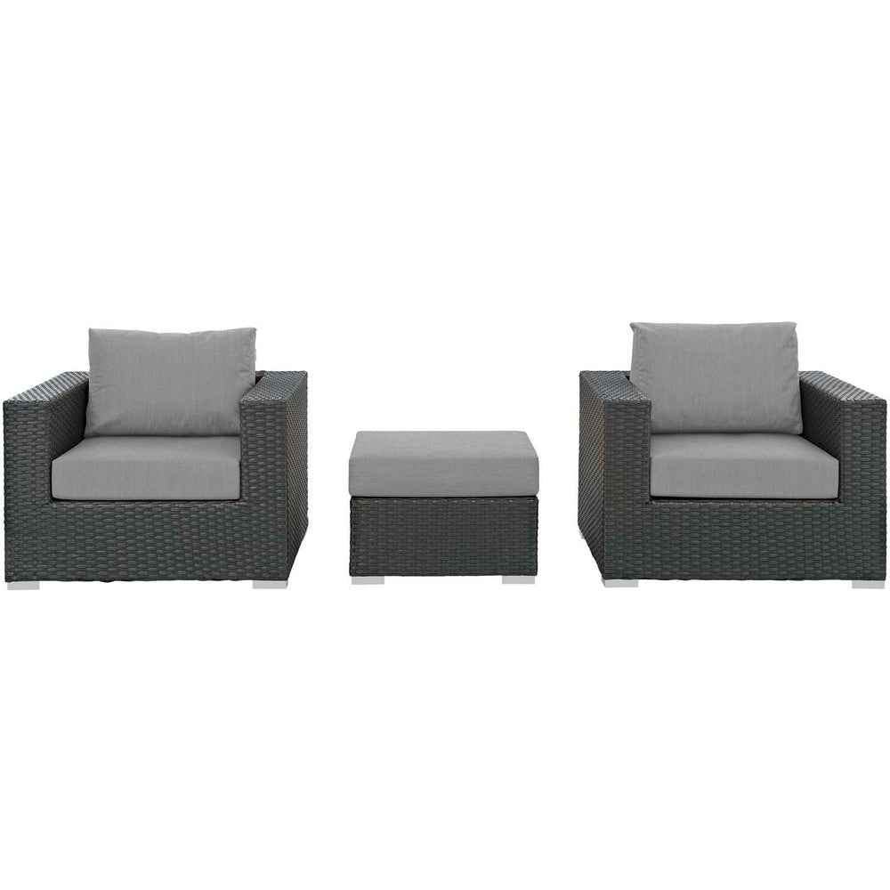 Modway Sojourn Wicker Rattan 3 Piece Outdoor Patio Sunbrella Sectional Set in Canvas Gray MDY-EEI-1891-CHC-GRY-SET