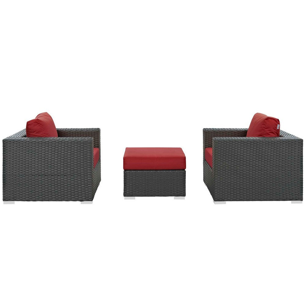 Modway Sojourn Wicker Rattan 3 Piece Outdoor Patio Sunbrella Sectional Set in Canvas Red MDY-EEI-1891-CHC-RED-SET