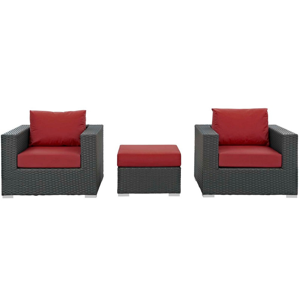 Modway Sojourn Wicker Rattan 3 Piece Outdoor Patio Sunbrella Sectional Set in Canvas Red MDY-EEI-1891-CHC-RED-SET