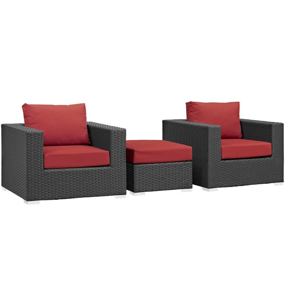 Modway Sojourn Wicker Rattan 3 Piece Outdoor Patio Sunbrella Sectional Set in Canvas Red