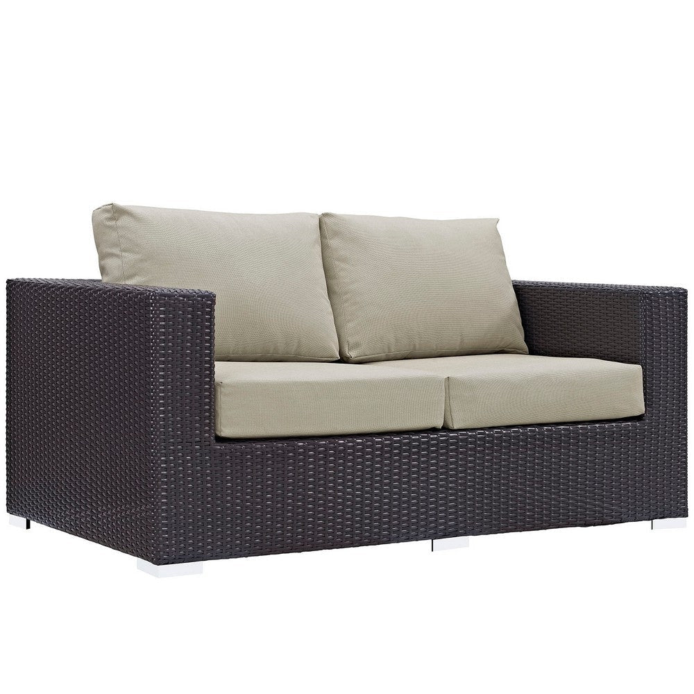 Modway Convene Wicker Rattan Outdoor Patio Loveseat with Cushions in Espresso Beige