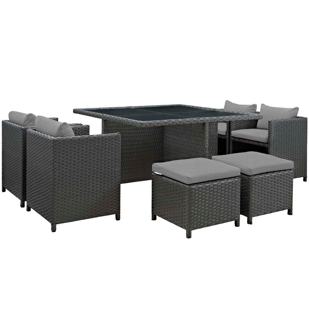 Modway Sojourn Wicker Rattan Outdoor Patio Sunbrella Fabric, 9-pc Dining Set in Canvas Gray