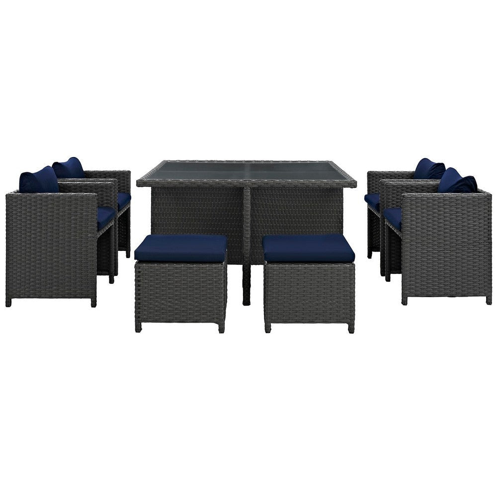 Modway Sojourn Wicker Rattan Outdoor Patio Sunbrella Fabric 9-pc Dining Set in Canvas Navy MDY-EEI-1946-CHC-NAV-SET