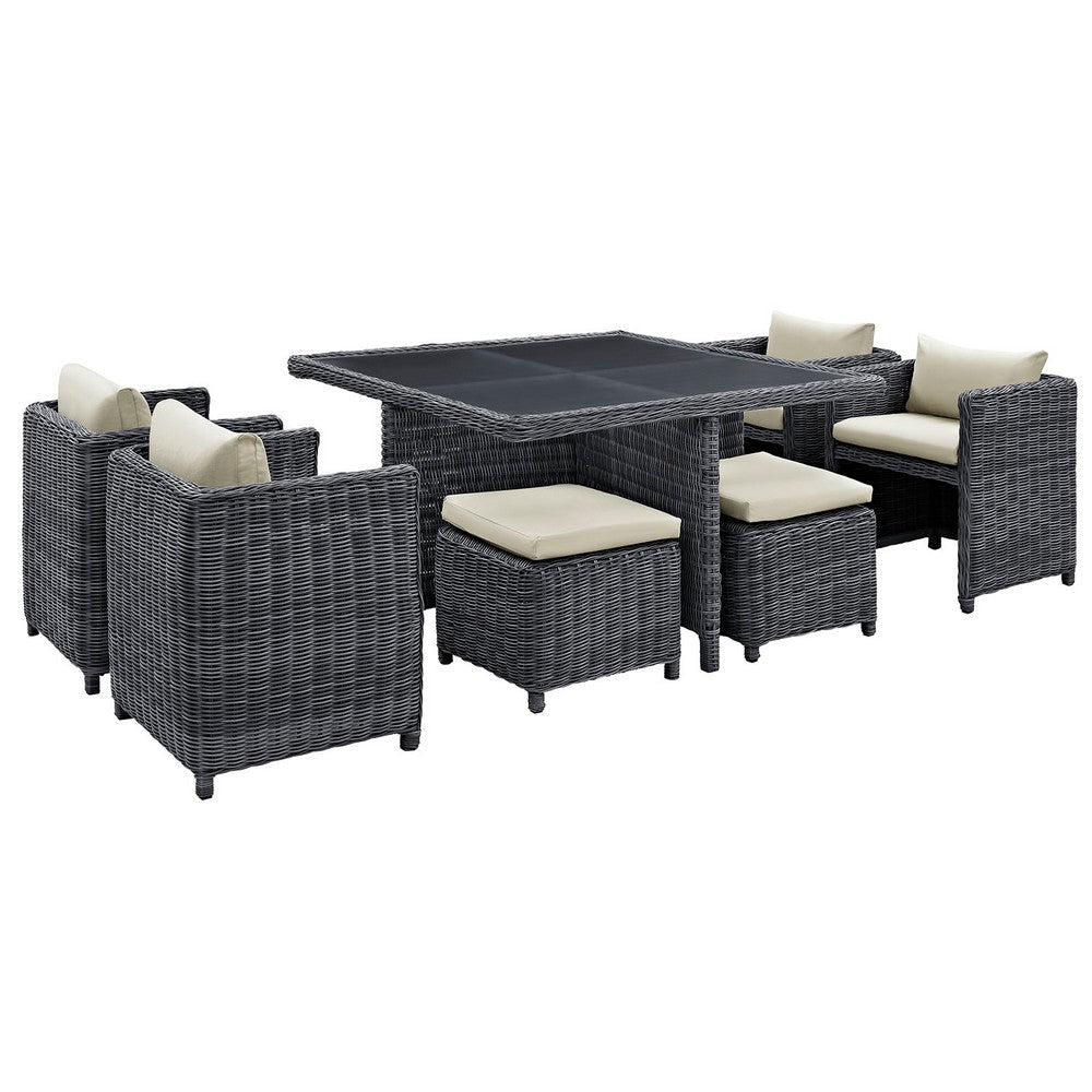 Modway Summon Wicker Rattan Outdoor Patio Sunbrella 9-pc Dining Set in Antique Canvas Beige MDY-EEI-1947-GRY-BEI-SET