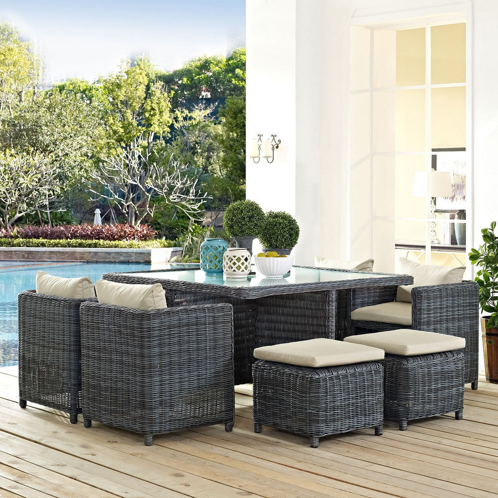 Modway Summon Wicker Rattan Outdoor Patio Sunbrella 9-pc Dining Set in Antique Canvas Beige MDY-EEI-1947-GRY-BEI-SET