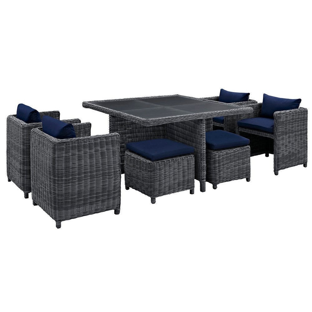 Modway Summon Wicker Rattan Outdoor Patio Sunbrella 9-pc Dining Set in Canvas Navy MDY-EEI-1947-GRY-NAV-SET