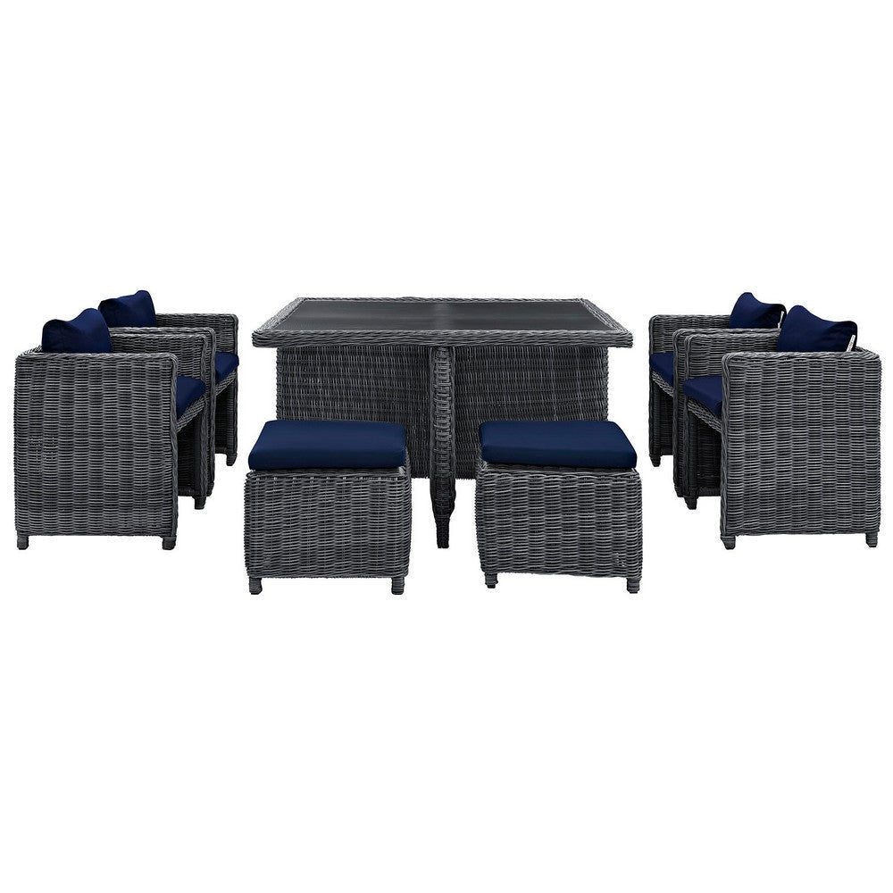 Modway Summon Wicker Rattan Outdoor Patio Sunbrella 9-pc Dining Set in Canvas Navy MDY-EEI-1947-GRY-NAV-SET