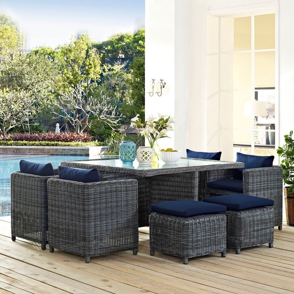 Modway Summon Wicker Rattan Outdoor Patio Sunbrella 9-pc Dining Set in Canvas Navy MDY-EEI-1947-GRY-NAV-SET