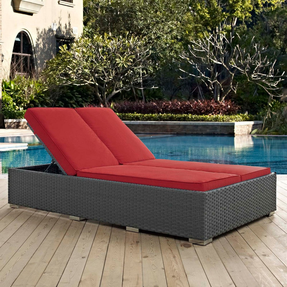 Modway Sojourn Wicker Rattan Outdoor Patio Sunbrella Fabric Double Chaise in Chocolate Red MDY-EEI-1983-CHC-RED