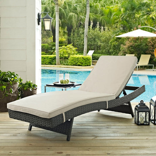 Modway Sojourn Wicker Rattan Outdoor Patio Sunbrella Fabric Chaise Lounge in Antique Canvas Beige