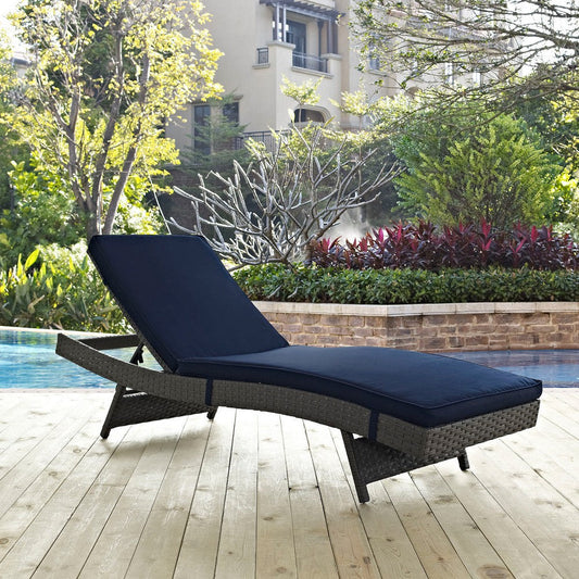 Modway Sojourn Wicker Rattan Outdoor Patio Sunbrella Fabric Chaise Lounge in Canvas Navy