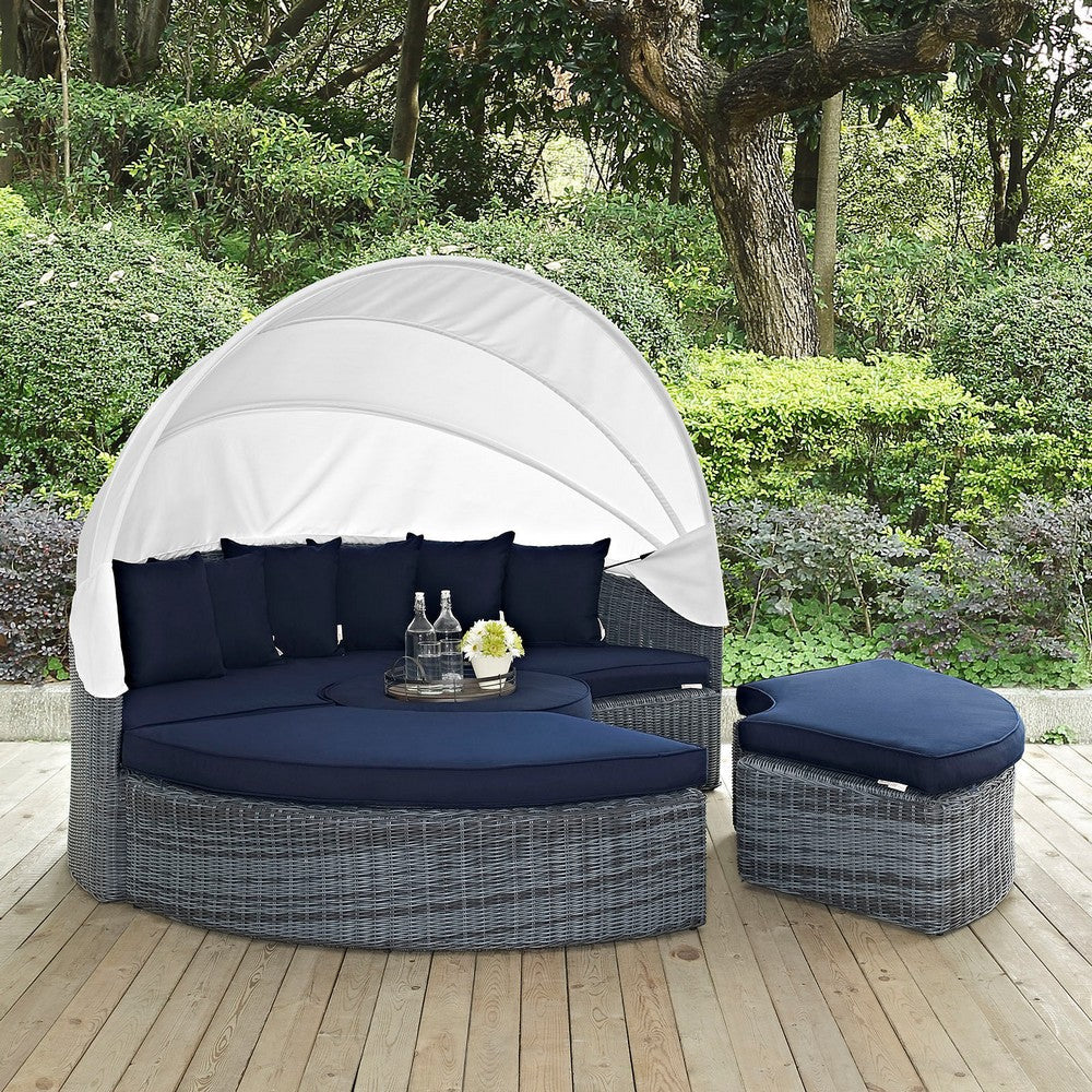 Modway Summon Outdoor Patio Daybed with Canopy and Sunbrella Cushions in Canvas Navy MDY-EEI-1997-GRY-NAV-SET