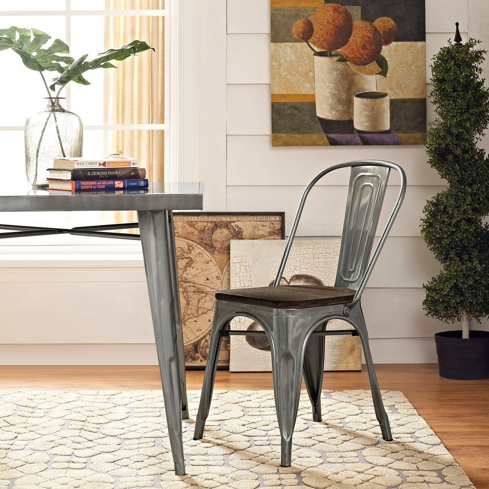 Modway Promenade Industrial Modern Steel Side Bamboo Seat in Gunmetal, One Dining Chair