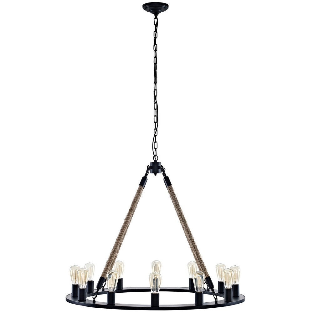 Modway Encircle Rope and Steel Metal 12-Light Pendant Round Chandelier in Brown