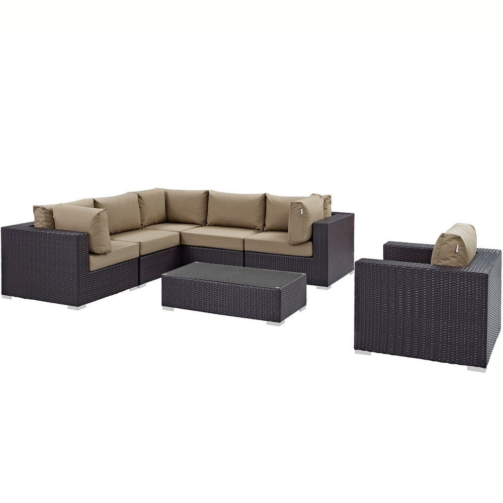 Modway Convene Wicker Rattan 7-Piece Outdoor Patio Sectional Sofa Furniture Set in Espresso Mocha MDY-EEI-2157-EXP-MOC-SET