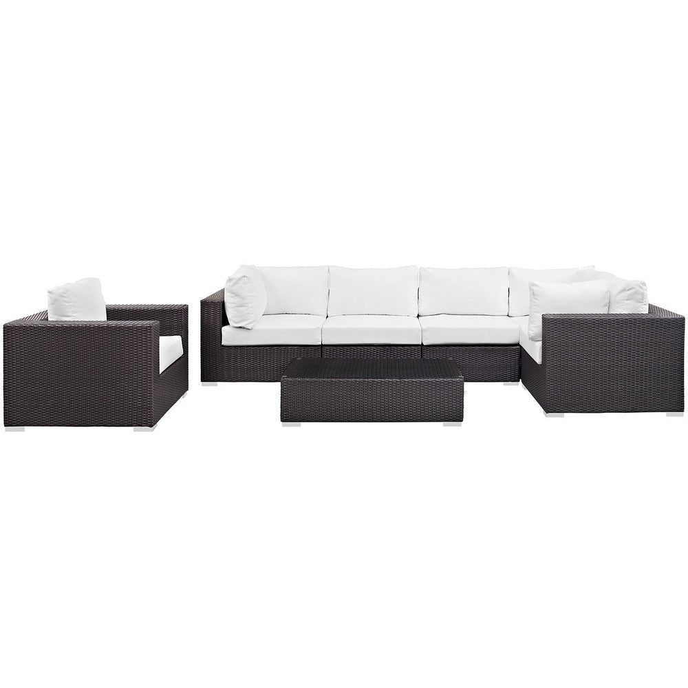 Modway Convene Wicker Rattan 7-pc Outdoor Patio Sectional Sofa Furniture Set in Espresso White MDY-EEI-2157-EXP-WHI-SET