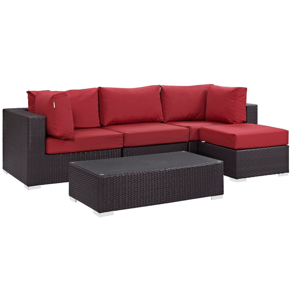 Modway Convene Wicker Rattan 5-Piece Outdoor Patio Sectional Sofa Furniture Set in Espresso Red